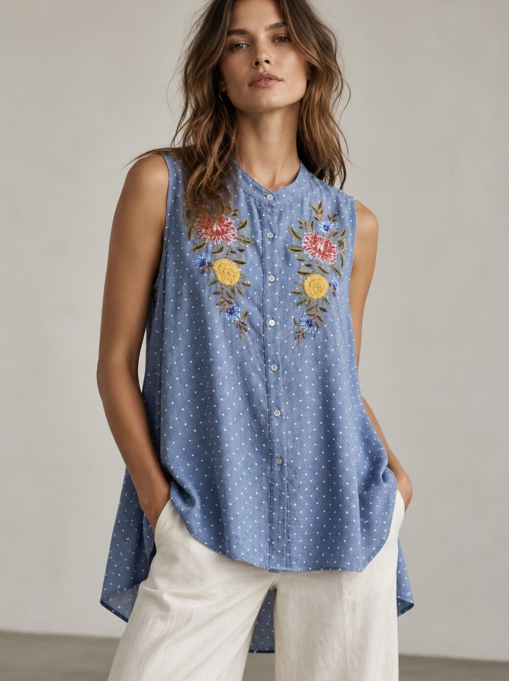 LABEL RITU KUMAR Sleeveless Handkerchief Hem Embroidered Polka Dot Shirt Medium